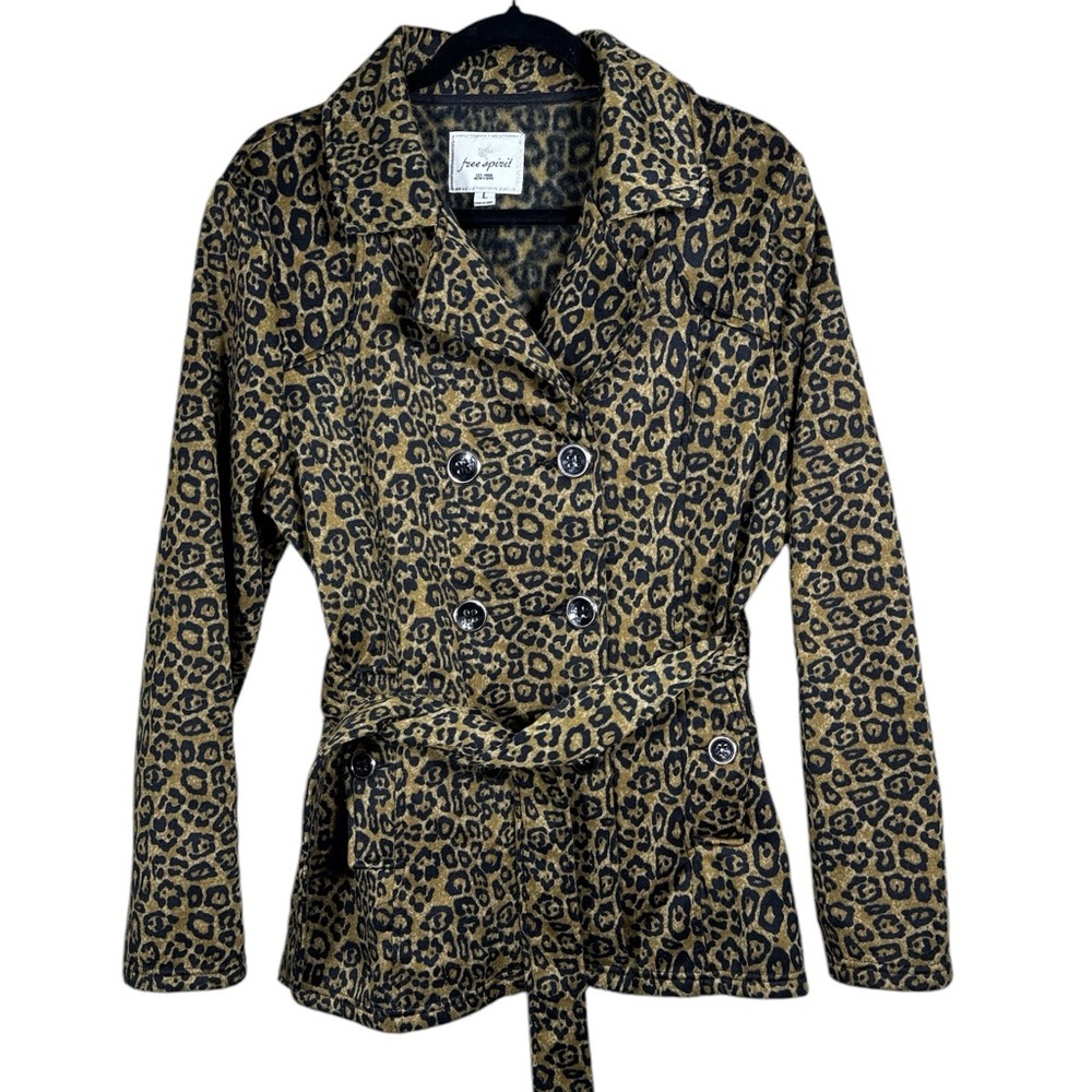 Free Spirit Leopard Print Trendy Double Breasted Trench Jacket Women's Size L